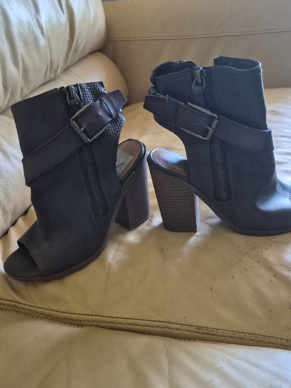 DV by Dolce Vita Black Open-Toe Buckle Block Heel Booties